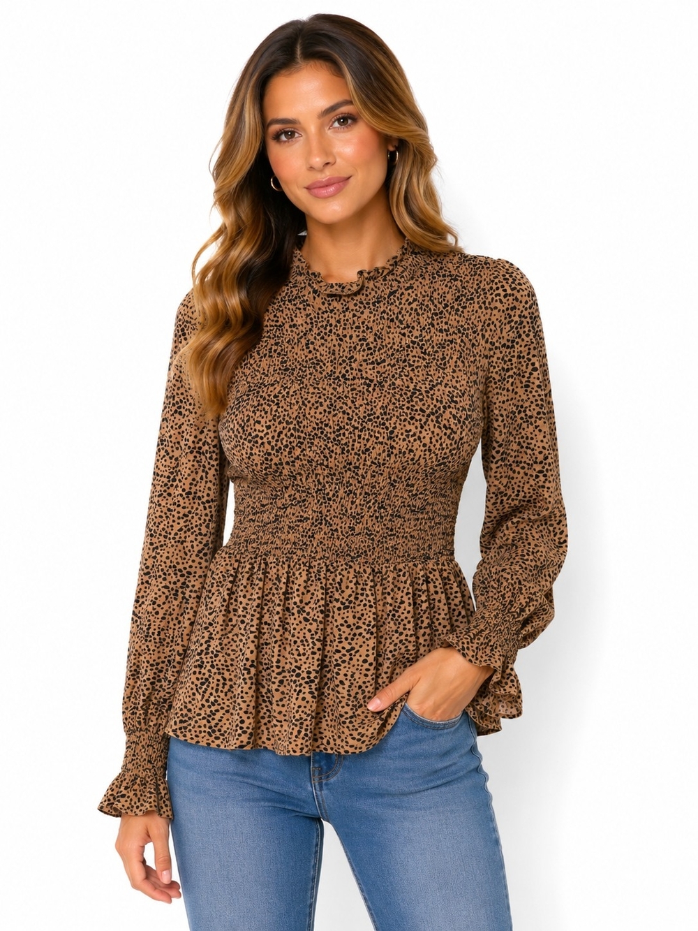 Smocked Peplum Blouse in Brown Animal Print